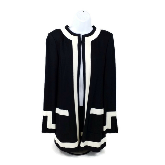 St. John Black White Open Front Long Sleeve Cardigan Sweater Womens Size 8 NWT - Picture 2 of 13